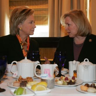 NEW YORK - JANUARY 25: Senator-designate Rep. Kirsten Gillibrand (D-NY) (R) and U.S. Secretary of State Hillary Rodham Clinton look to each other during a lunch meeting with New York Gov. David A. Paterson and U.S. Sen. Charles Schumer at Waldorf-Astoria Hotel on January 25, 2009 in New York City. Gov. Paterson appointed Gillibrand to the U.S. Senate seat vacated by Clinton on January 23 in Albany, New York. Gillibrand is expected to be sworn in this week to serve in the U.S. Senate. (Photo by Hiroko Masuike/Getty Images)