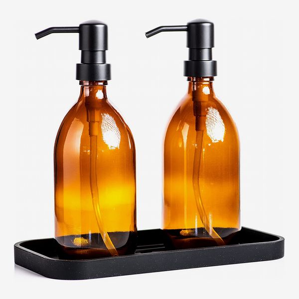 Safe Housekeeping Amber Glass Soap Pumps with Black Silicone Tray