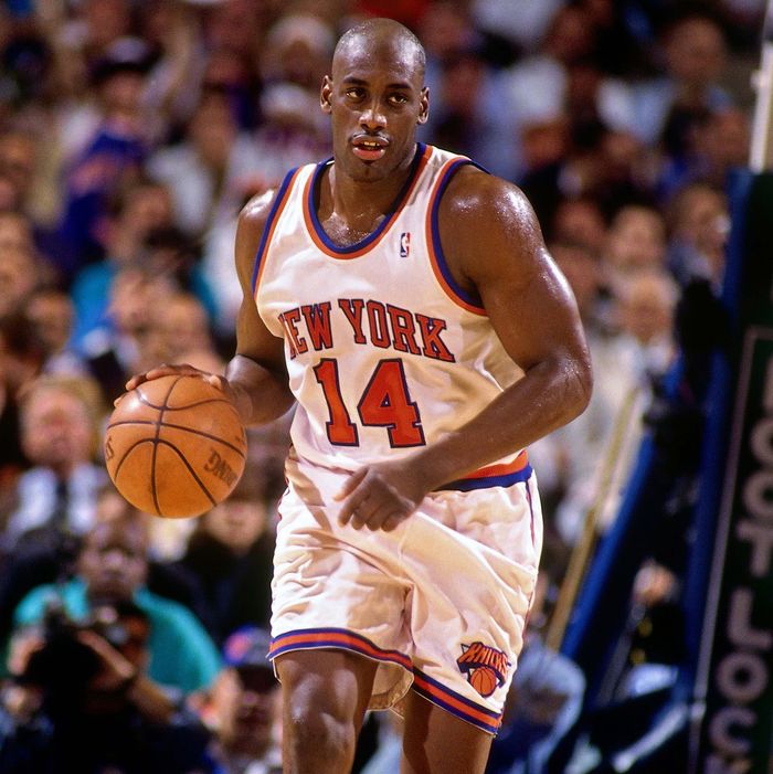Anthony Mason #14 of the New York Knicks moves the ball up court against the Indiana Pacers in Game One of the Eastern Conference Finals during the 1994 NBA Playoffs at Madison Square Garden on May 24, 1994 in New York, New York. The Knicks won 100-89. 