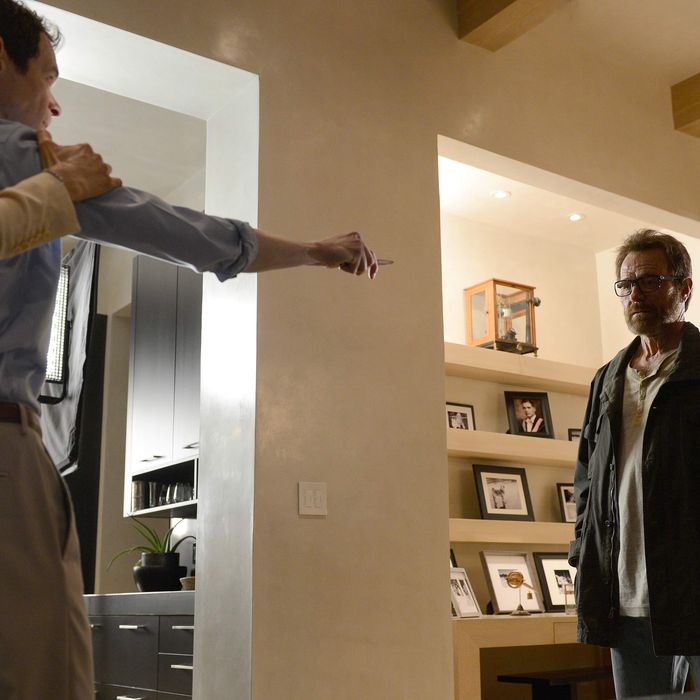 Elliott (Adam Godley) and Walter White (Bryan Cranston) - Breaking Bad _ Season 5, Episode 16 - Photo Credit: Ursula Coyote/AMC