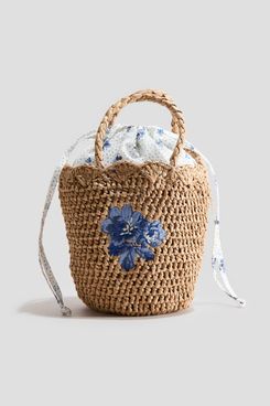 Laura Ashley H&M Embroidered-Detail Straw Bucket Bag