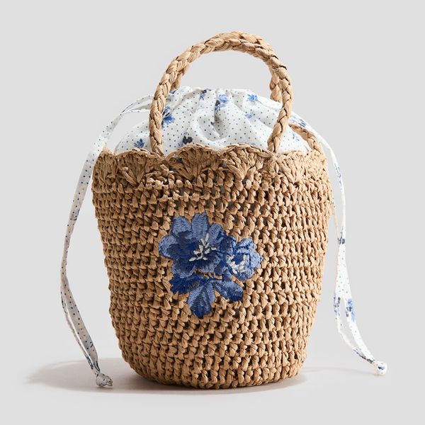 Laura Ashley H&M Embroidered-Detail Straw Bucket Bag