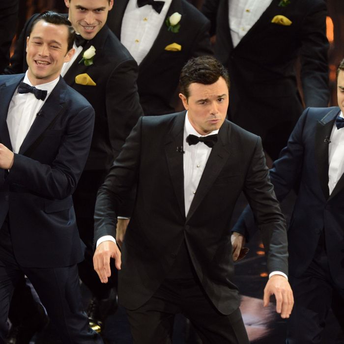 Joseph Gordon-Levitt, Seth MacFarlane and Daniel Radcliffe perform during the show at the 85th Annual Academy Awards on February 24, 2013 in Hollywood, California. 