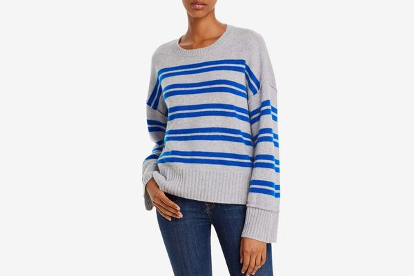 AQUA Cashmere Side-Button Striped Cashmere Sweater