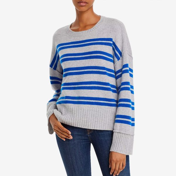 AQUA Cashmere Side-Button Striped Cashmere Sweater - strategist best AQUA blue and gray long sleeve wide arm sweater