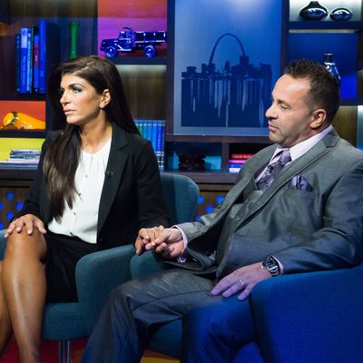 WATCH WHAT HAPPENS LIVE -- Episode 11159 -- Pictured: (l-r) Teresa Giudice, Joe Giudice -- (Photo by: Charles Sykes/Bravo/NBCU Photo Bank)