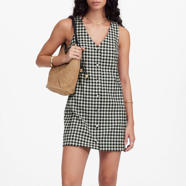 Madewell Gingham V-Neck Wool Blend Vest Minidress
