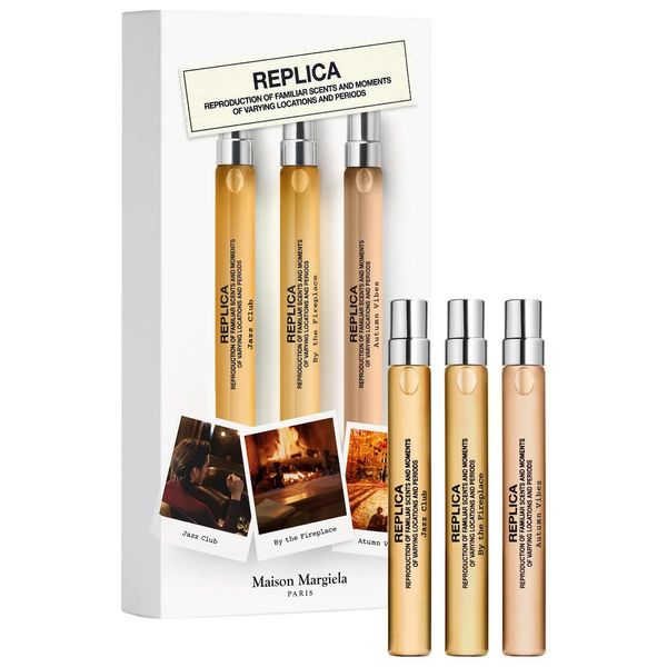 Maison Margiela Replica Travel Spray Set in “Jazz Club,” “By the Fireplace,” and “Autumn Vibes.”