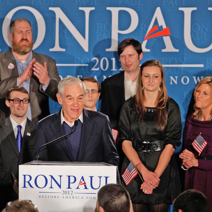 MANCHESTER, NH - JANUARY 10: Republican presidential candidate, U.S. Rep. Ron Paul (R-TX), speaks to supporters at his primary night campaign rally on January 10, 2012 in Manchester, New Hampshire. According to early results, Paul finished second behind former Massachusetts Gov. Mitt Romney in the first in the nation primary. (Photo by Andrew Burton/Getty Images)