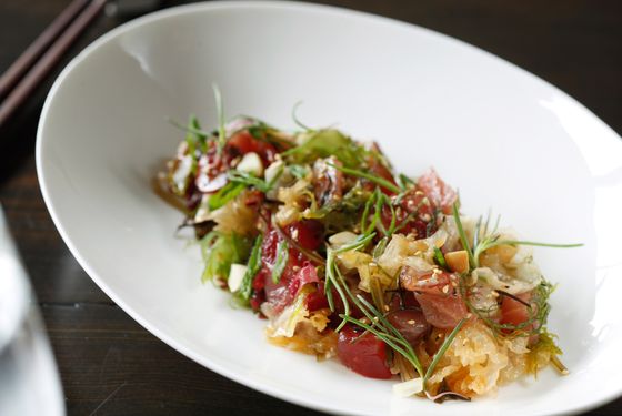 Big-eye tuna poke, macadamia nuts, pickled jalapeño, seaweed.