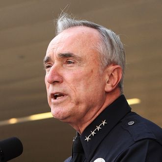 Los Angles Police chief William Bratton holds his last press conference as replacement candidates Deputy Chief Michel Moore (2nd L), Deputy Chief Charlie Beck and Assistant Police Chief Jim McDonnell (R) look on outside the new Police Administration Building on October 28, 2009 in Los Angeles, California. Bratton steps aside at the end of this week after a nearly seven-year tenure to take an international security job in the private sector. Deputy Chief Michael Downing, who did not apply for Bratton's job, will take over as interim chief until a final decision is made on the three finalists. 