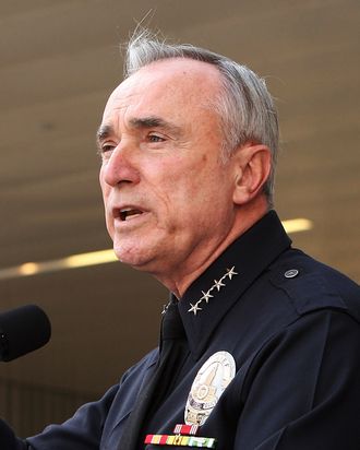 Los Angles Police chief William Bratton holds his last press conference as replacement candidates Deputy Chief Michel Moore (2nd L), Deputy Chief Charlie Beck and Assistant Police Chief Jim McDonnell (R) look on outside the new Police Administration Building on October 28, 2009 in Los Angeles, California. Bratton steps aside at the end of this week after a nearly seven-year tenure to take an international security job in the private sector. Deputy Chief Michael Downing, who did not apply for Bratton's job, will take over as interim chief until a final decision is made on the three finalists. 