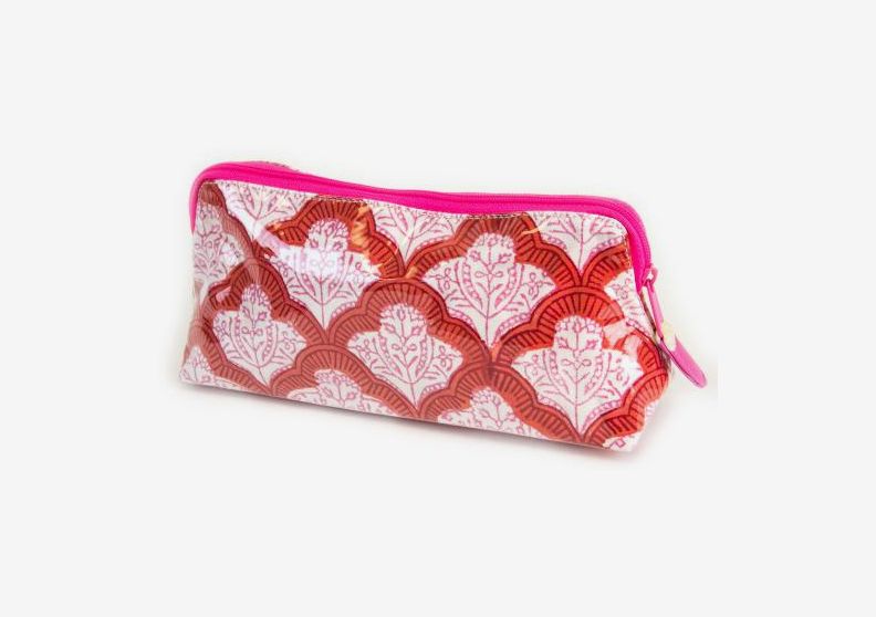 Make-up pouch in Japanese red and yellow shell fabric.