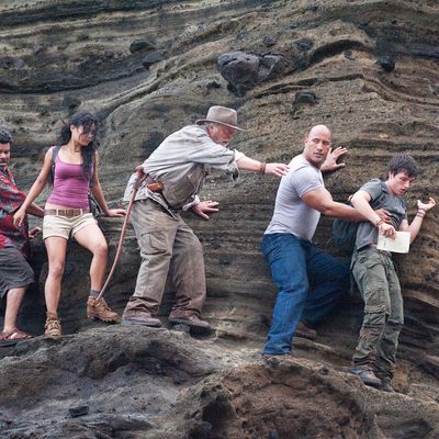 (L-r) LUIS GUZM?N as Gabato, VANESSA HUDGENS as Kailani, MICHAEL CAINE as Alexander, DWAYNE JOHNSON as Hank, and JOSH HUTCHERSON as Sean in New Line Cinema’s family adventure “JOURNEY 2: THE MYSTERIOUS ISLAND,” a Warner Bros. Pictures release.Photo by Ron Phillips