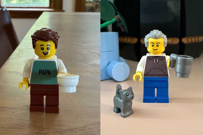 Photos of two custom LEGO minifigures created by Strategist deputy editor Simone Kitchens and senior editor Jen Trolio for Father's Day last year.
