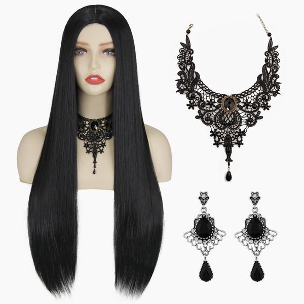 CJK Black Wig with Necklace and Earrings
