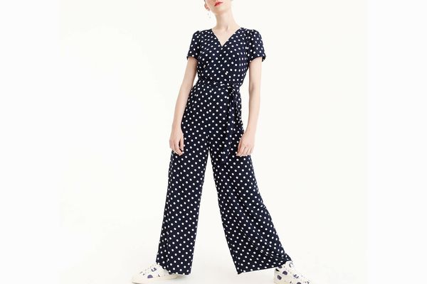 Short-Sleeve Wrap Jumpsuit In Polka Dot