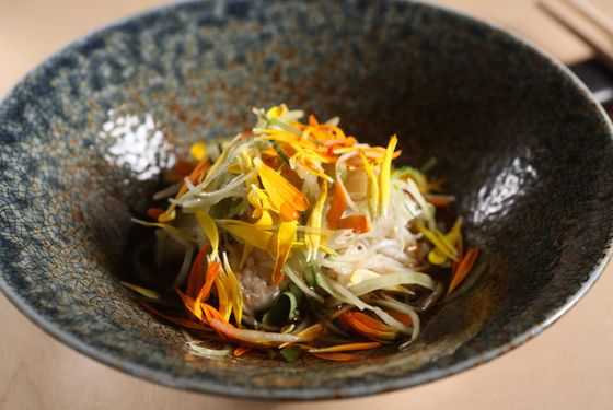 West Coast Dungeness crab with cucumber, kiku (chrysanthemum), and tosazu.