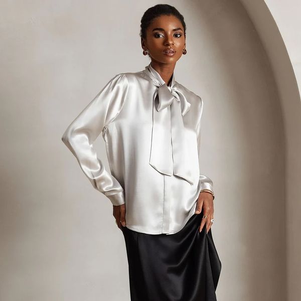 SilkSilky 19Momme Silk Long Sleeve Tie Neck Blouse