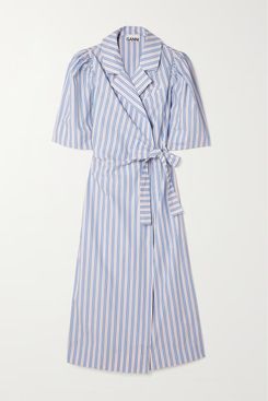 Ganni Striped Belted Organic Cotton-Poplin Wrap Midi Dress