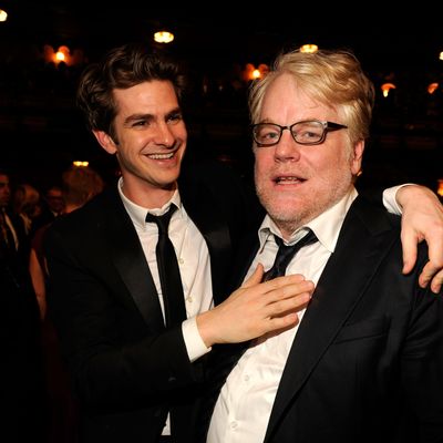 Actors Andrew Garfield and Philip Seymour Hoffman attend the 66th Annual Tony Awards