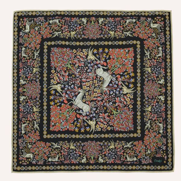 Drake’s Black Mythical Forest Print Wool-Silk Bandana