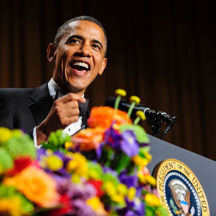 WASHINGTON, DC - APRIL 27: U.S. President Barack Obama tells jokes poking fun at himself as well as others during the White House Correspondents' Association Dinner on April 27, 2013 in Washington, DC. The dinner is an annual event attended by journalists, politicians and celebrities. (Photo by Pete Marovich-Pool/Getty Images)