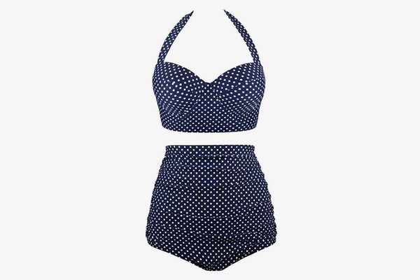Aixy Vintage High Waisted Two Piece Swimsuit in Navy Polka Dot