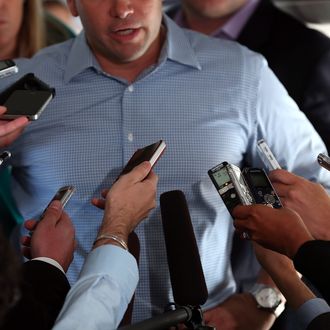 IN FLIGHT - OCTOBER 27: U.S. Sen. Marco Rubio speaks to reporters on the campaign plane of Republican presidential candidate, former Massachusetts Gov. Mitt Romney on October 27, 2012 en route to Orlando, Florida. With less than two weeks before election day, Mitt Romney is campaigning in Florida. (Photo by Justin Sullivan/Getty Images)