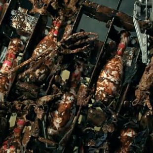 The Crime: A man, already dead, gets tossed down a bowling alley, and his body gets threshed in the pin resetting machine. The mess you see was formerly someone's body. Gruesome Factor: 7. Someone's body.