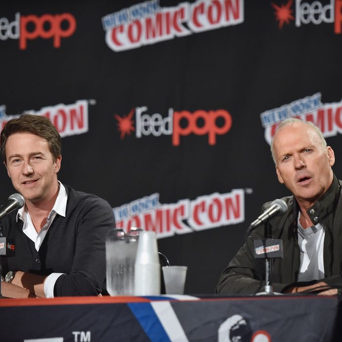 NEW YORK, NY - OCTOBER 10: Actors Edward Norton (L) and Michael Keaton discuss their new movie 'Birdman' at 2014 New York Comic Con - Day 2 at Jacob Javitz Center on October 10, 2014 in New York City. (Photo by Mike Coppola/Getty Images)