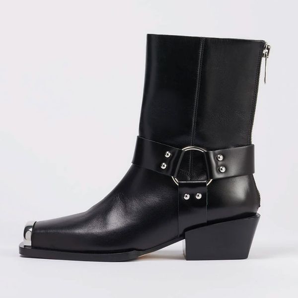 Aeyde Wayne Square Toe Biker Style Block Heel Booties