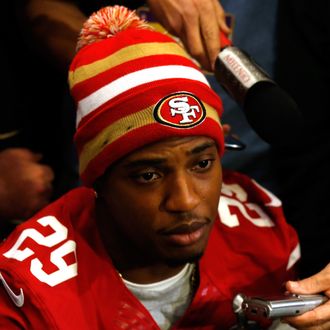 Chris Culliver #29 of the San Francisco 49ers addresses the media during Super Bowl XLVII Media Availability at the New Orleans Marriott on January 31, 2013 in New Orleans, Louisiana. The 49ers will take on the Baltimore Ravens on February 3, 2013 at the Mercedes-Benz Superdom. 