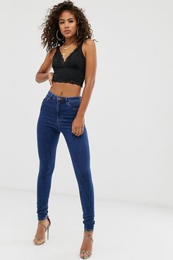 ASOS Design Tall Ridley High Waisted Skinny Jeans in Rich Mid Blue Wash