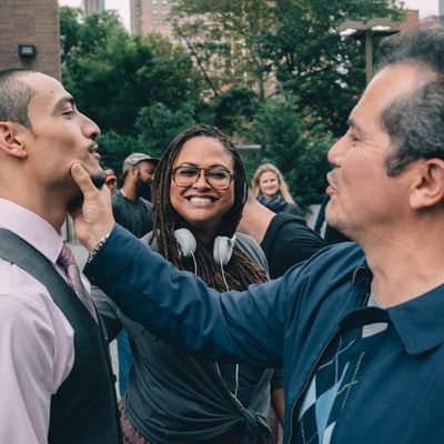 Ava DuVernay on set with When They See Us stars Freddy Miyares and John Leguizamo.