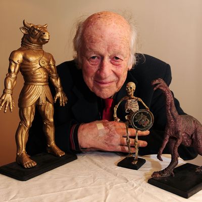  Academy Award winning producer and special effects wizard Ray Harryhausen is pictured with some of his 