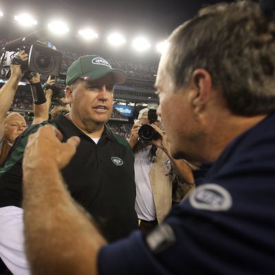 FOXBORO, MA - OCTOBER 9: Bill Belichick of the New England Patriots shakes hands with Rex Ryan of the New York Jets at Gillette Stadium on October 9, 2011 in Foxboro, Massachusetts. (Photo by Jim Rogash/Getty Images)