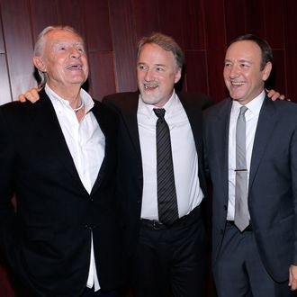 NEW YORK, NY - JANUARY 30: (L-R) Director Joel Schumacher, producer David Fincher and actor Kevin Spacey attend Netflix's 