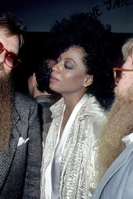 Diana Ross, sans beard, is sandwiched between Billy Gibbons and Dusty Hill of ZZ Top, also sans Beard — beardless drummer Frank Beard, that is.
