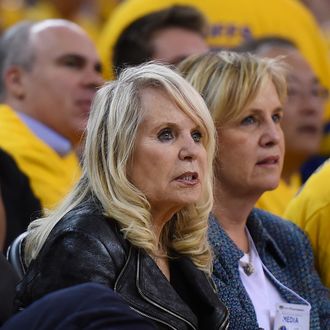 OAKLAND, CA - APRIL 27: Shelly Sterling, the wife of Donald Sterling owner of the Los Angeles Clippers, watches the Clippers against the Golden State Warriors in Game Four of the Western Conference Quarterfinals during the 2014 NBA Playoffs at ORACLE Arena on April 27, 2014 in Oakland, California. The players wore theirs warm up this way in protest of owner Donald Sterling's racially insensitive remarks. NOTE TO USER: User expressly acknowledges and agrees that, by downloading and or using this photograph, User is consenting to the terms and conditions of the Getty Images License Agreement. (Photo by Thearon W. Henderson/Getty Images)