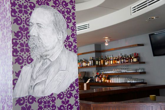 This portrait of Jasper O'Farrell adorns a column near the entry.