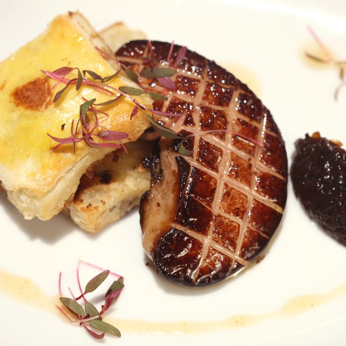Seared Huson Valley foie gras with a toasted pecan biscuit and vidalia marmalade.