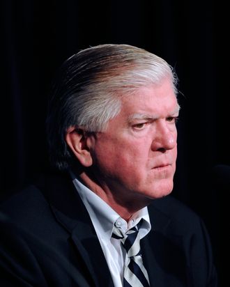 Toronto Maple Leafs General Manager Brian Burke speaks to the media during a press conference to introduce new head coach Randy Carlyle at the Bell Centre on March 3, 2012 in Montreal, Quebec, Canada. 
