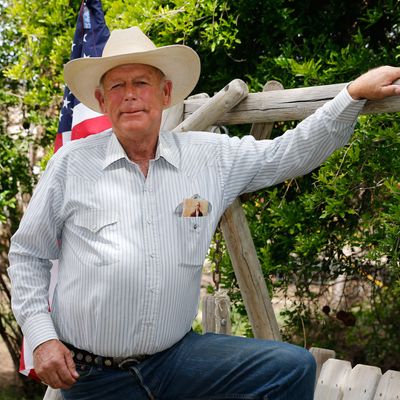 Rancher Cliven Bundy poses for a photo outside his ranch house on April 11, 2014 west of Mesquite, Nevada. Bureau of Land Management officials are rounding up Cliven Bundy's cattle, he has been locked in a dispute with the BLM for a couple of decades over grazing rights.
