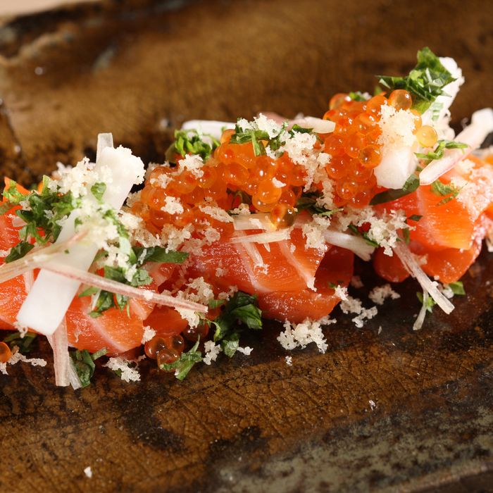 Tasmanian sea trout with trout roe, nagaimo, and tempura flakes.
