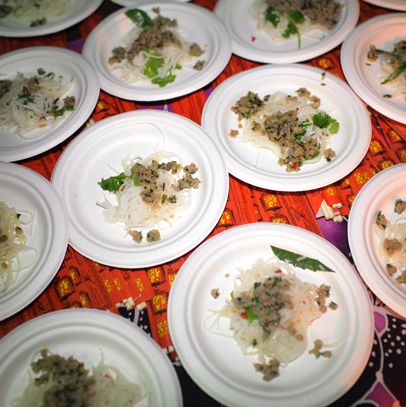 Talde's plates of lemongrass-pork slippery noodle.