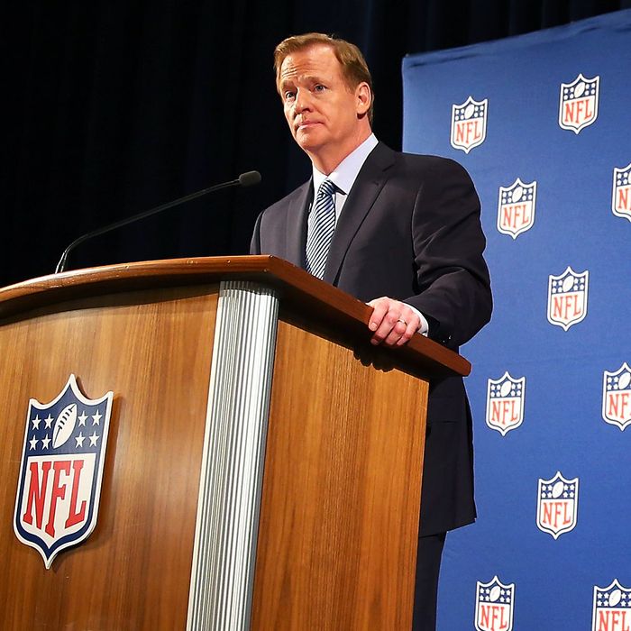 NEW YORK, NY - SEPTEMBER 19: NFL Commissioner Roger Goodell talks during a press conference at the Hilton Hotel on September 19, 2014 in New York City.Goodell spoke about the NFL's failure to address domestic violence, sexual assault and drug abuse in the league. (Photo by Elsa/Getty Images)