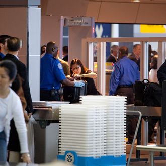Passengers pass through the passenger security checkpoint at John F. Kennedy International Airport's Terminal 8 on October 22, 2010.
