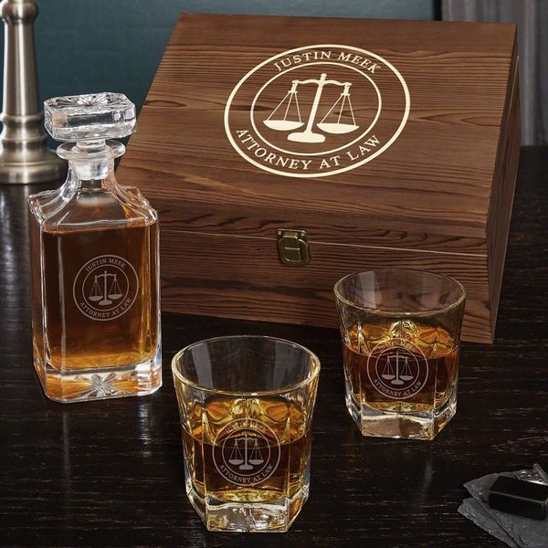 Home Wet Bar Scales of Justice Personalized Whiskey Decanter Boxed Set