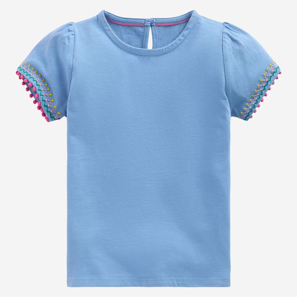 Mini Boden Kids' Embroidered Pom Trim Puff Sleeve Cotton T-Shirt